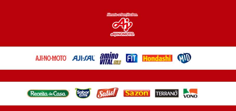 Produtos participantes promoção ajinomoto Sazón, Aji-No-Moto, Aji-Sal, Hondashi, Sabor a Mi, Receita de Casa, Fit, MID, Vono, Satis!, Amino Vital e Terrano