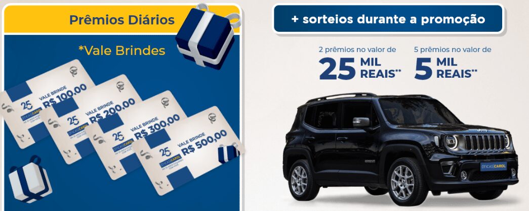 Promoção Óticas Carol 25 anos: Sorteio de um Jeep e prêmios em dinheiro