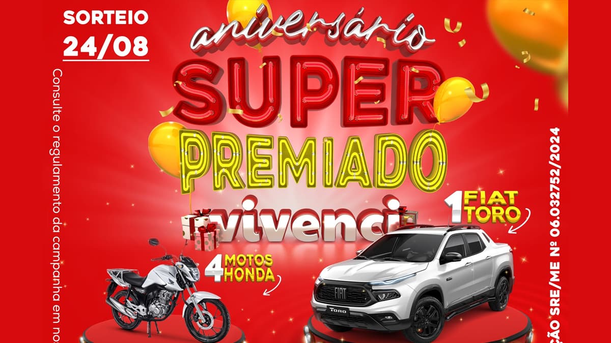 Promoção Aniversário Super Premiado Vivenci: Sorteio de Fiat Toro e Motos