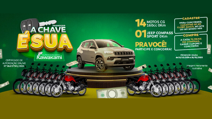 Promoção Kawakami A Chave é Sua: Sorteio de Motos e um Jeep