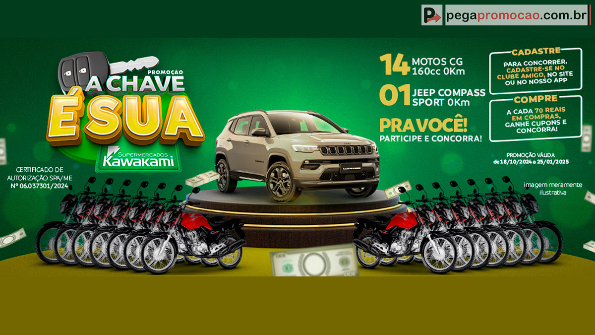 Promoção Kawakami A Chave é Sua: Sorteio de Motos e um Jeep