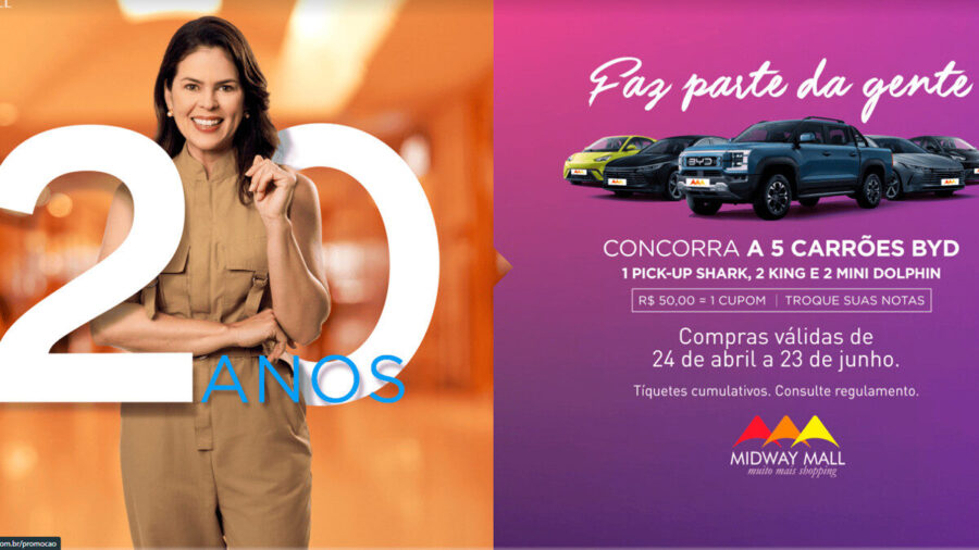 Aniversário 20 anos Midway Mall 2025: Concorra a 5 Carrões Zero KM!