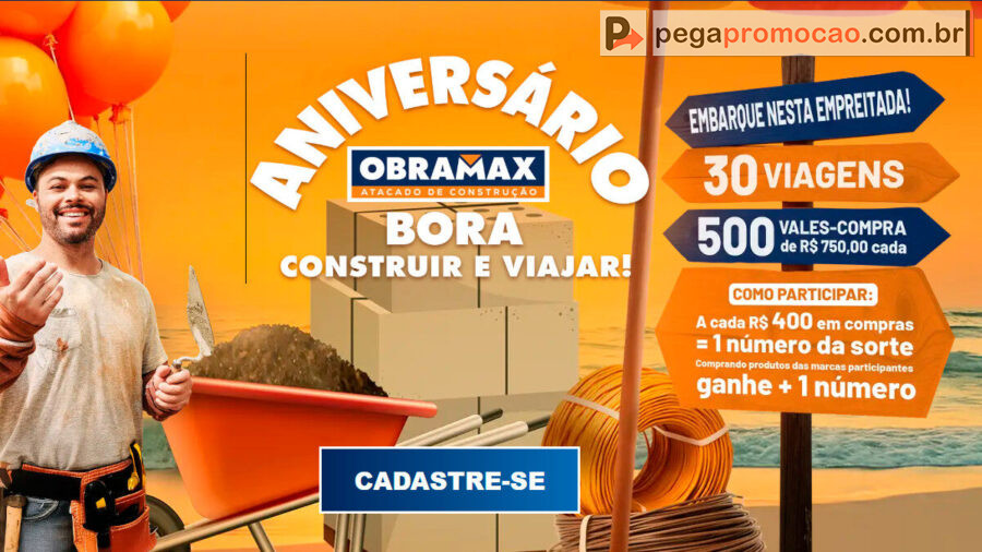 Banner da Promoção Obramax 2025 Aniversário Com Prêmios