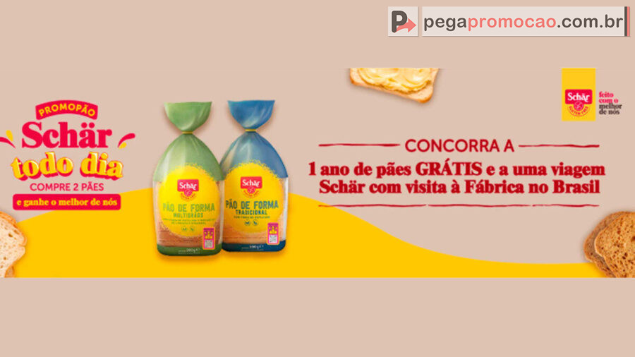 Banner da Promoção Schär 2025 Todo Dia: Ganhe 1 Ano de Pão Grátis + Viagem