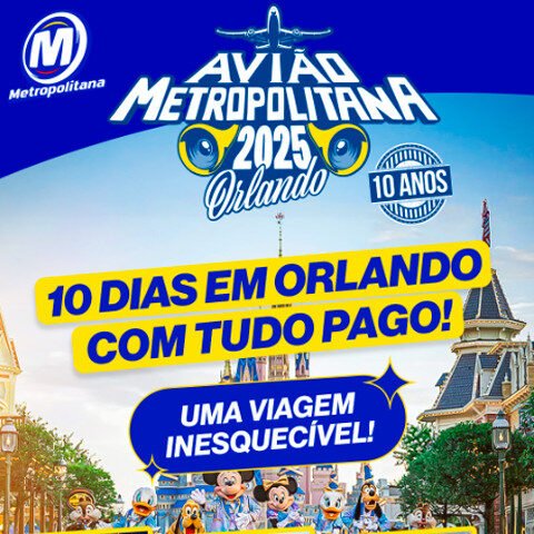 Banner quadrado da Promoção Avião Metropolitana Orlando 2025