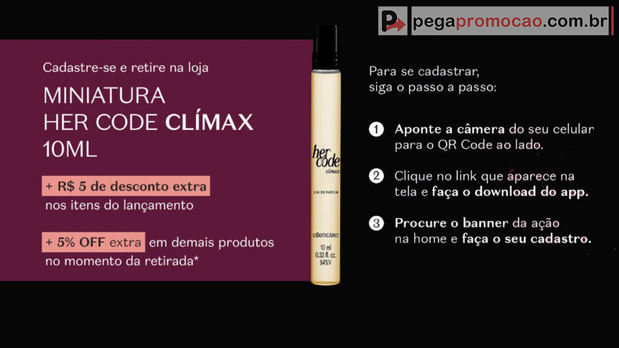 Banner da Novo Brinde O Boticário: Ganhe Amostra Grátis do Perfume Her Code Clímax