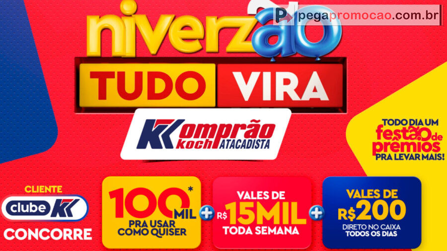 Banner da Promoção Komprão Atacadista Aniversário 2025: Concorra até R$ 100 mil!