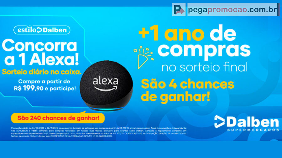 Banner da Promoção Super Dalben Aniversário 2025: Compre e Concorra a uma Alexa na Hora