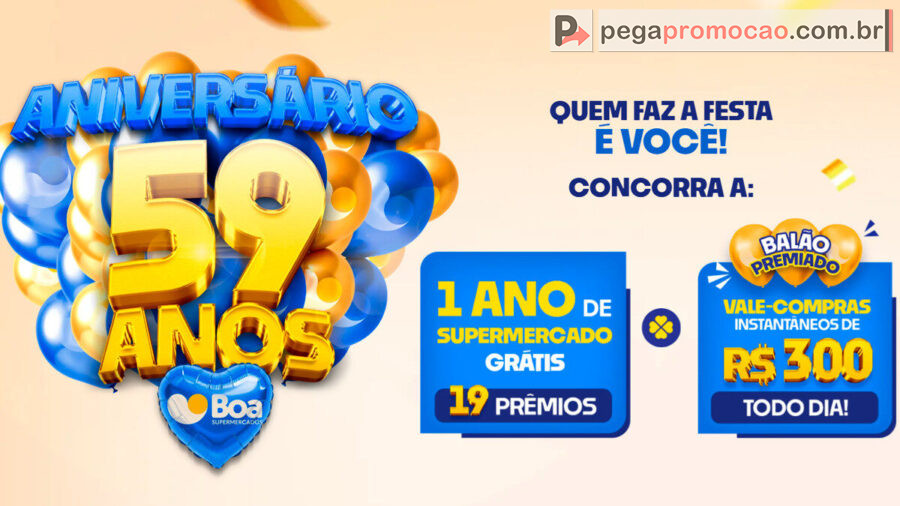 Banner da Promoção Boa Supermercados 2025 Aniversário 59 Anos: Ganhe 1 Ano de Supermercado Grátis