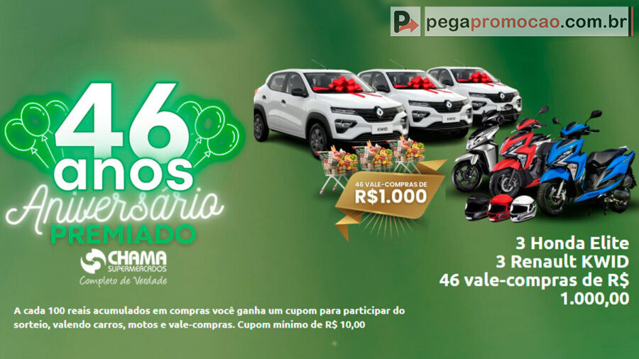 Banner da Promoção Rede Chama Supermercados Aniversário 46 Anos Premiado