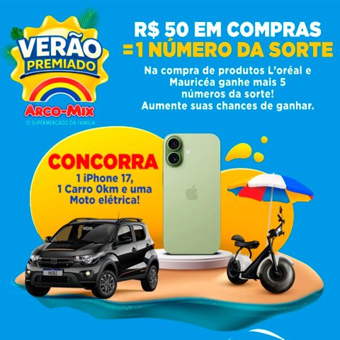 Banner quadrado da Promoção Arco-Mix Verão Premiado 2026
