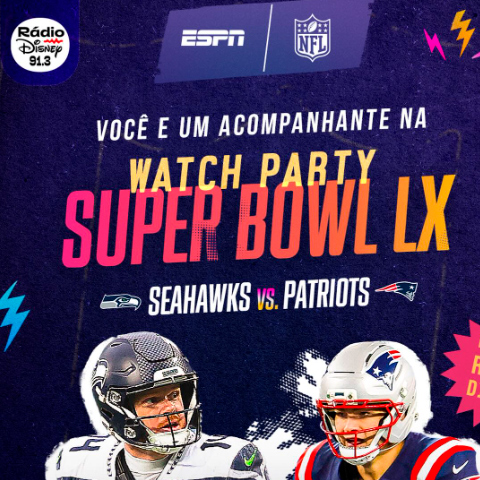 Banner quadrado da Promoção Rádio Disney - Super Bowl 2026