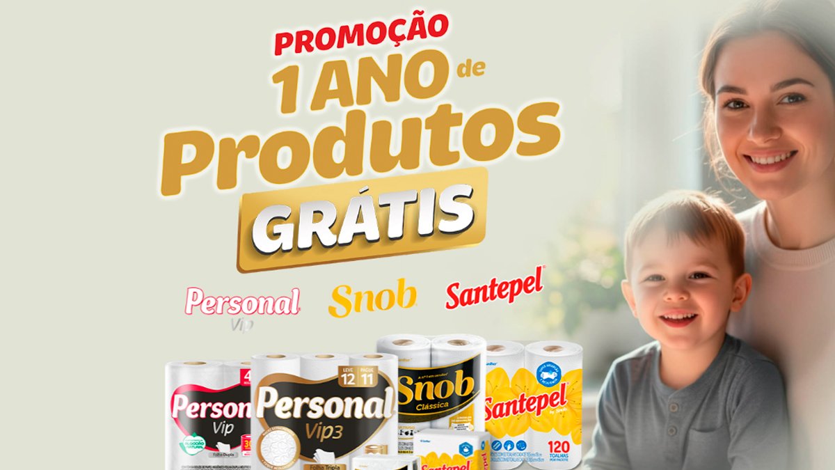 Banner da Promoção 1 Ano de Produtos Grátis Personal, Snob e Santepel