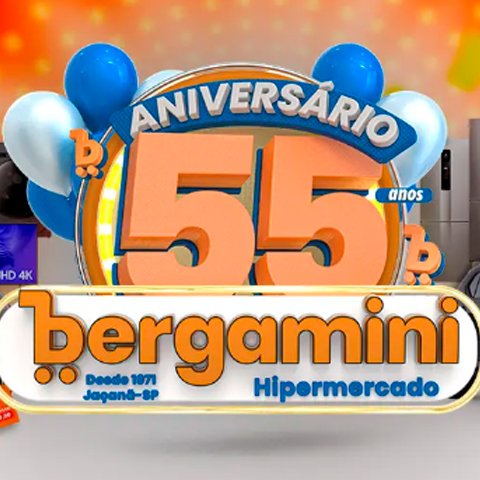Banner quadrado da Aniversário 55 Anos Bergamini Supermercados