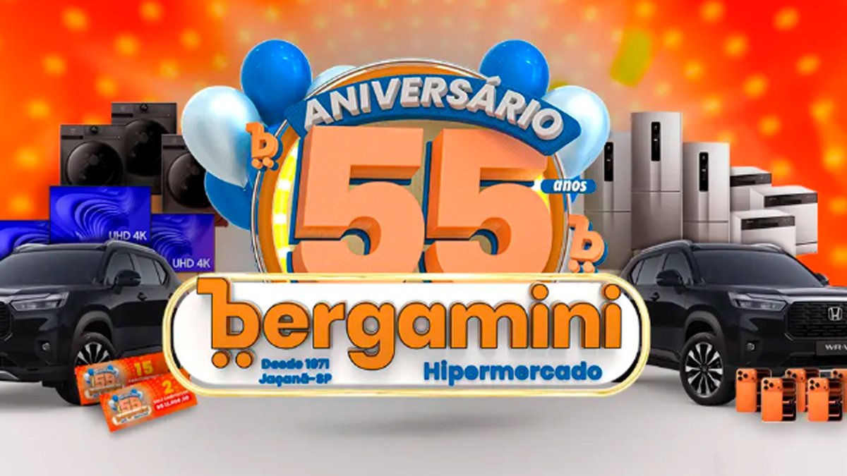 Banner da Aniversário 55 Anos Bergamini Supermercados