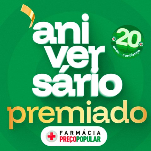 Banner quadrado da Farmácia Preço Popular Aniversário Premiado