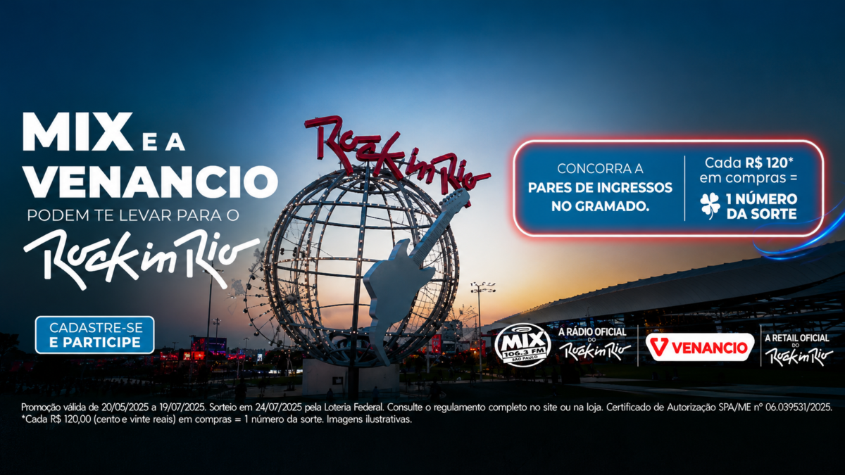 Banner da Promoção Drogaria Venancio Mix e Venancio te levam pro Rock in Rio