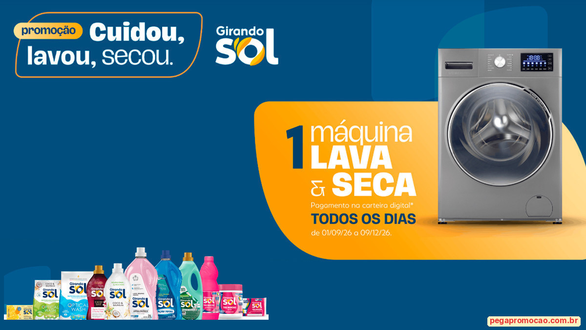 Banner da Promoção Girando Sol 2026 Cuidou, Lavou, Secou